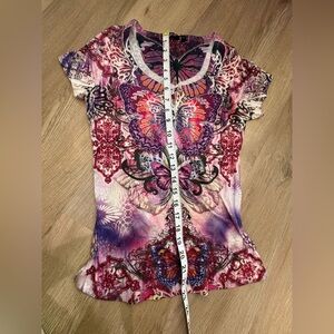 Apt. 9 Women's Short Slv Embellished Butterfly Graphic V-Neck Tee Purple Pink, S